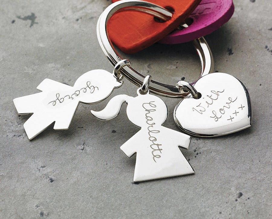 Custom made personalize Engraved silver family key ring with heart and boy girl