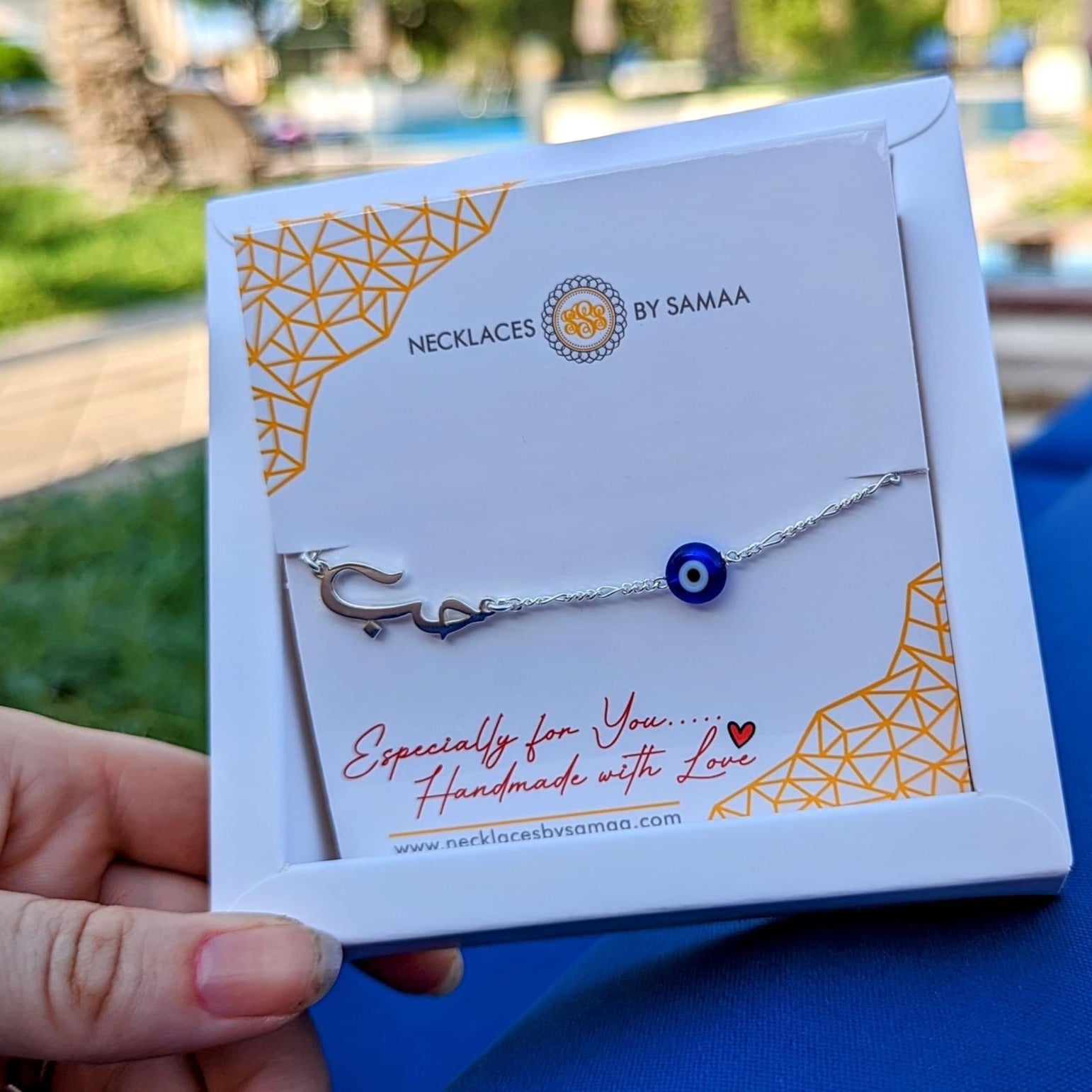 Arabic name anklet with blue eye charm in dubai abu dhabi with gift box