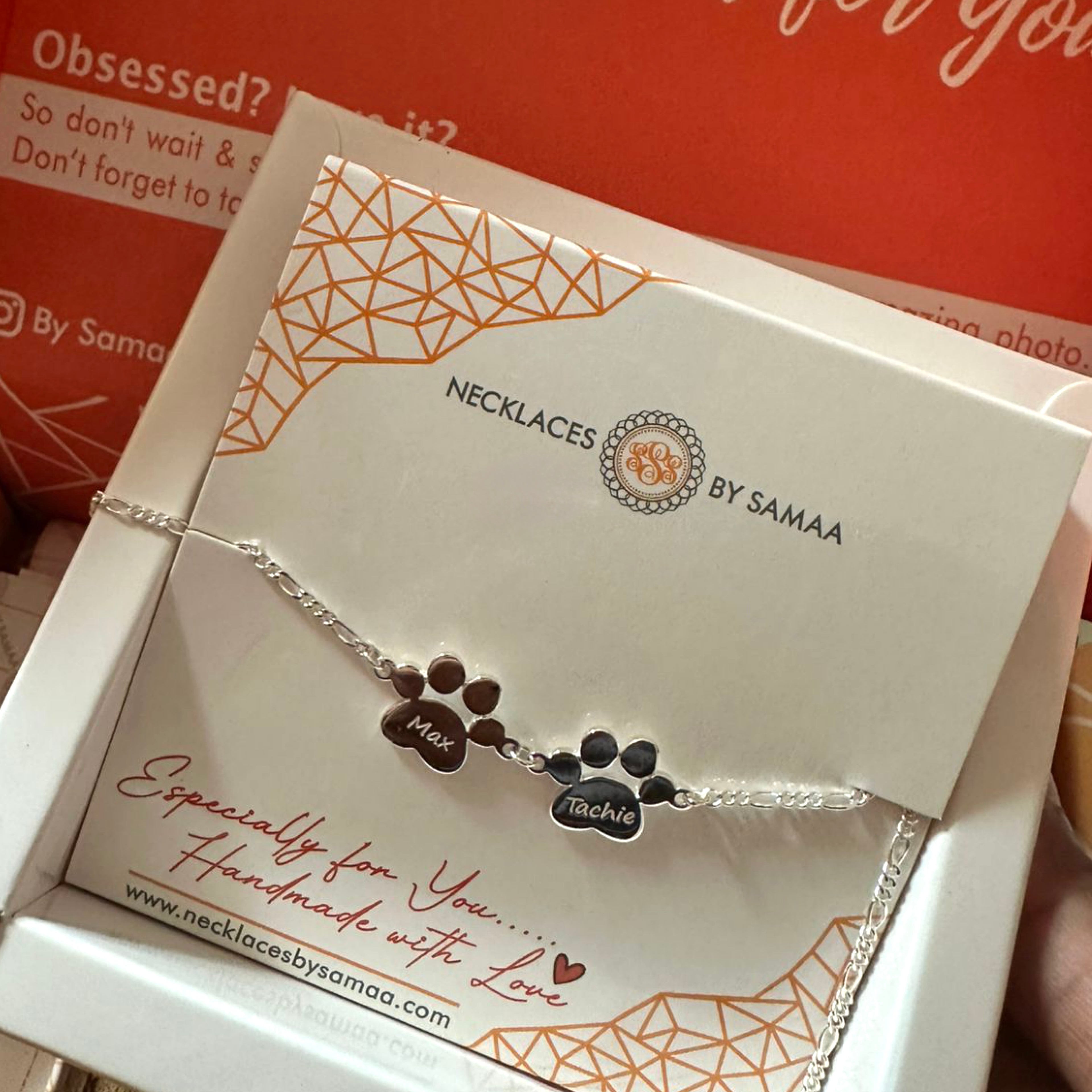 Paws shape bracelet with pets name in gift box by samaa