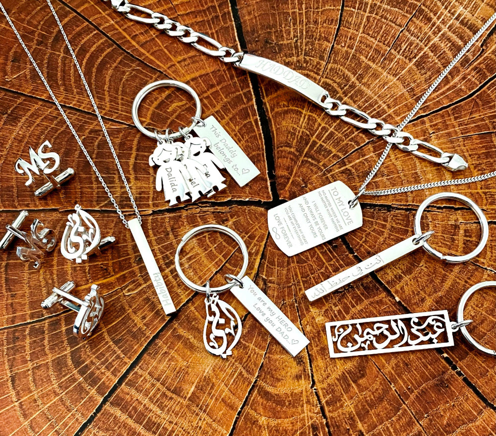 Personalized silver key rings Cufflinks Bracelet and necklaces for men In Dubai