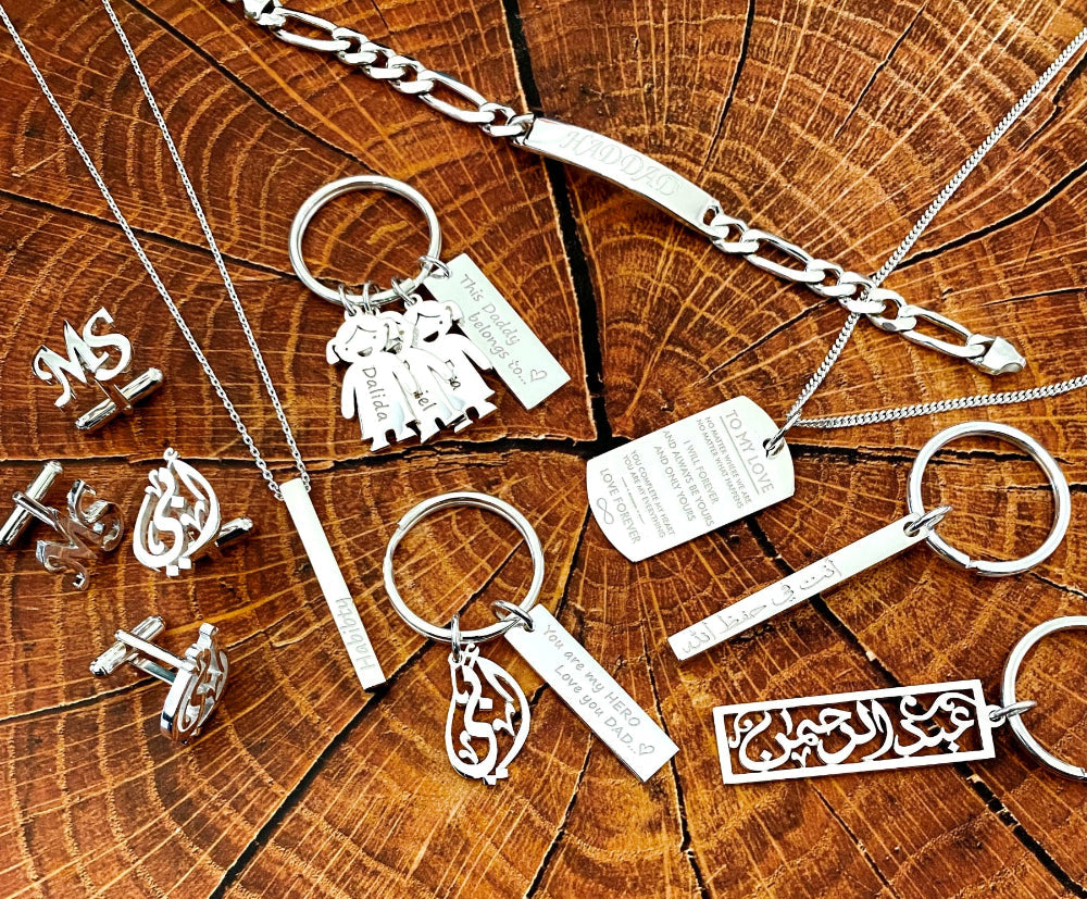 Personalized silver key rings Cufflinks Bracelet and necklaces for men In Dubai