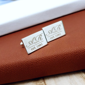 customized Rectangular Shape Cufflinks with Initials and date