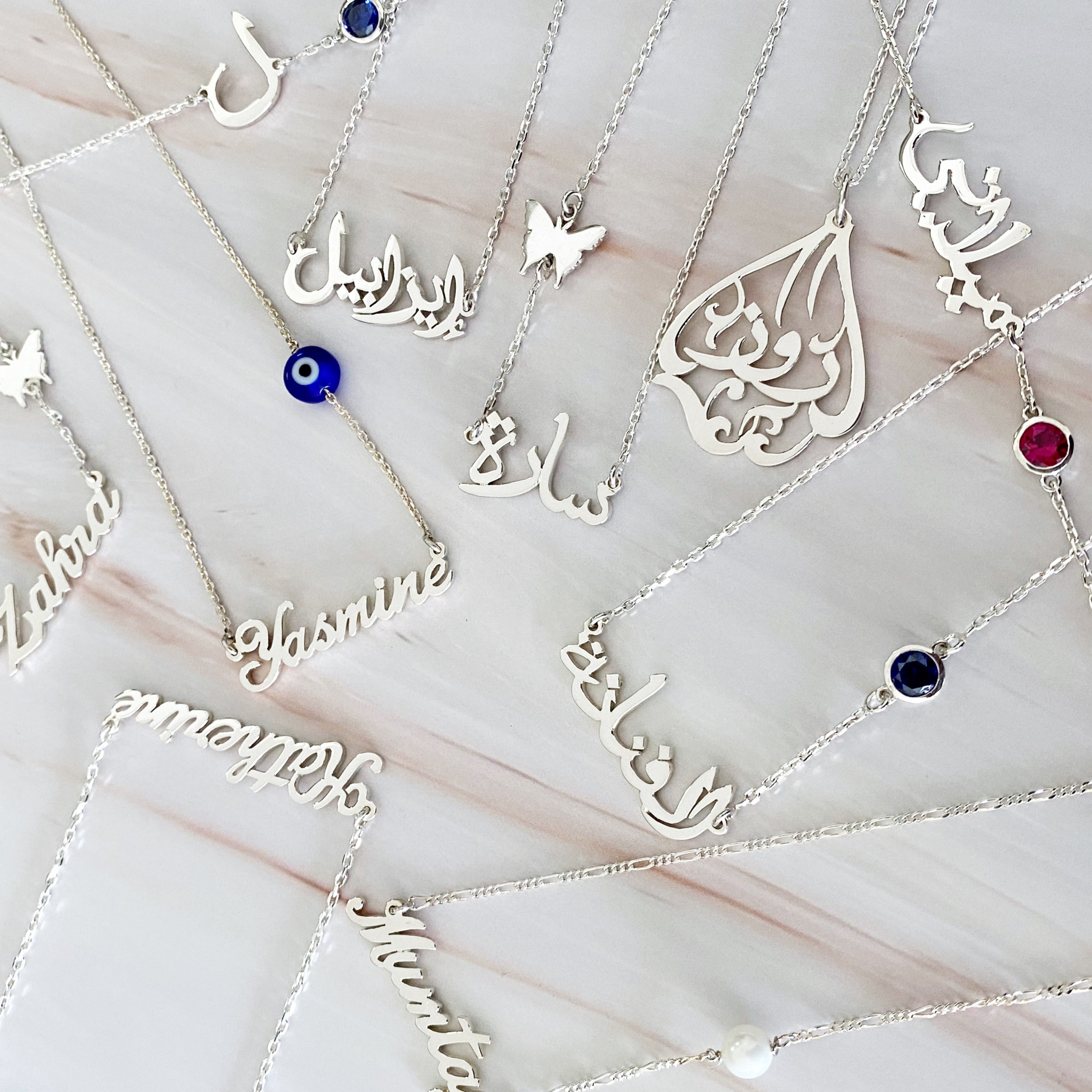 name necklaces with various designs made by necklaces by samaa in dubai abu dhabi UAE