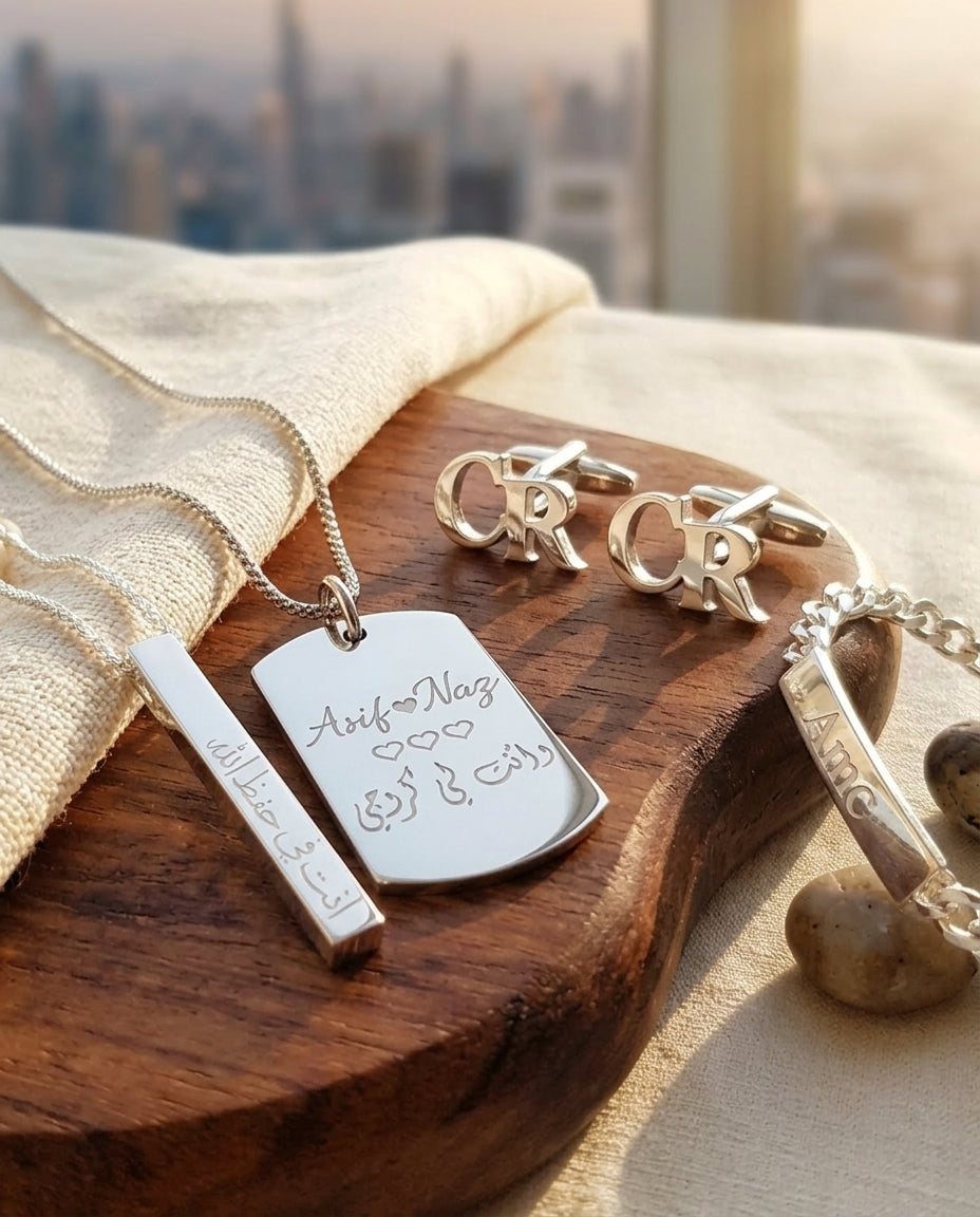 silver tag necklace, cufflinks, bar necklace and bracelet for men in Dubai UAE from Necklaces by Samaa