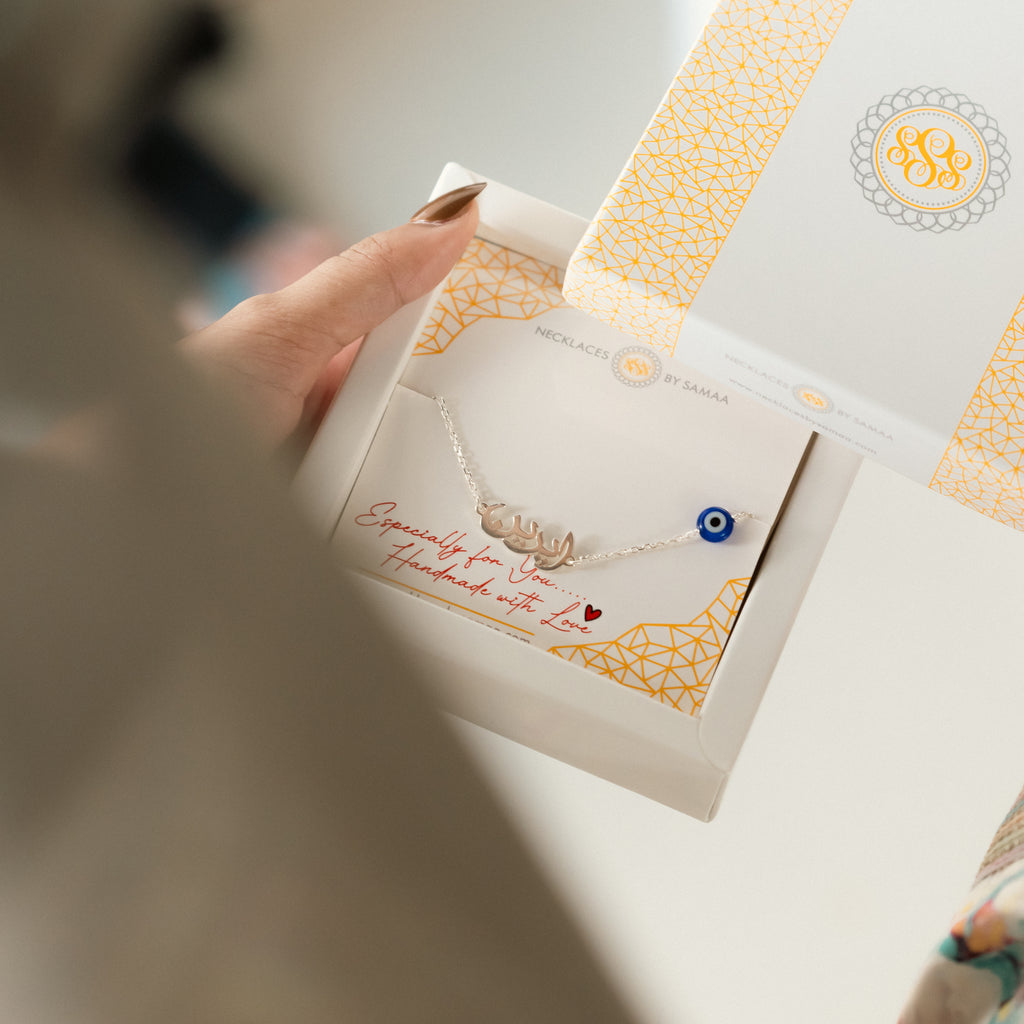 Arabic name Necklace with blue eye evil eye In a box
