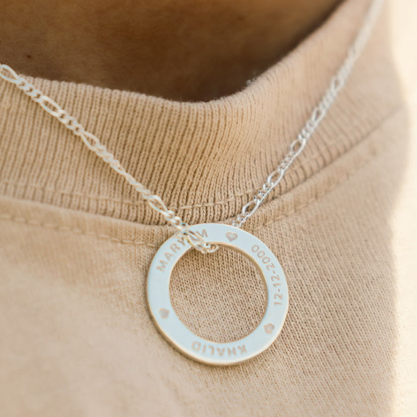 round ring necklace for men with engraving of date and names