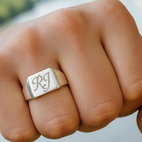 Silver Square signet ring with letters 