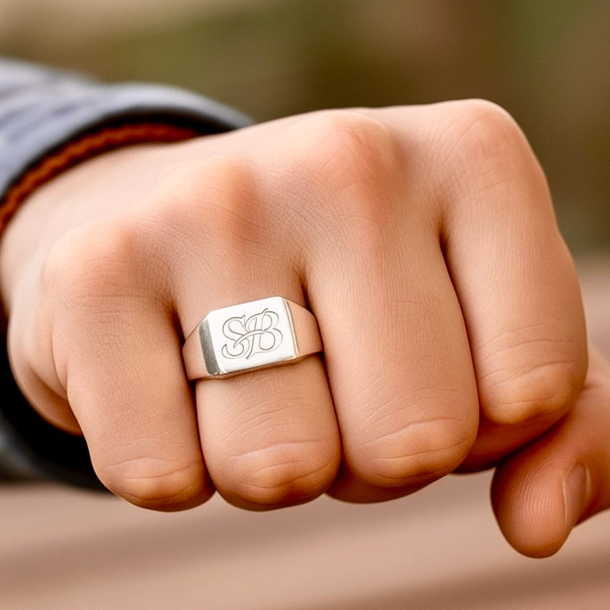 Square shape signet ring with Letters AND logo engraved for men in Dubai Sharjah UAE