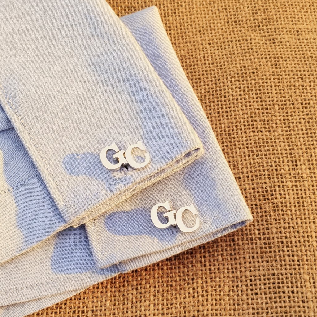 cufflinks with initials on a light Bluer shirt in dubai