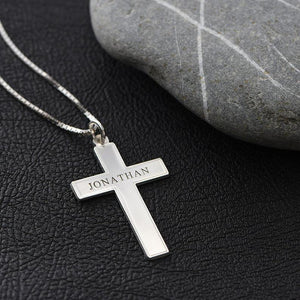 silver Men's Cross Necklace with Engraving