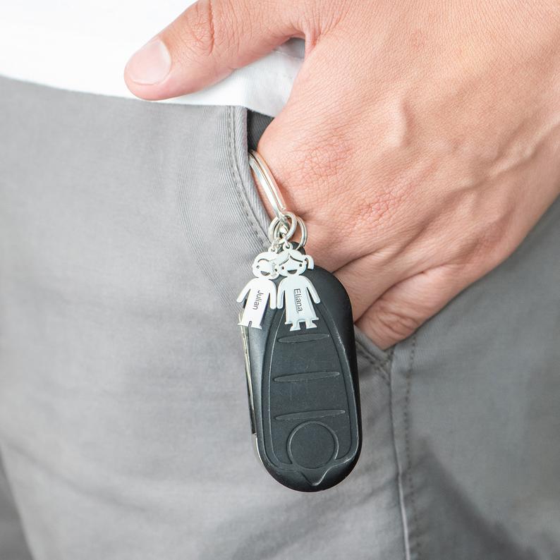silver Engravable Family Key Ring with 2 Charms