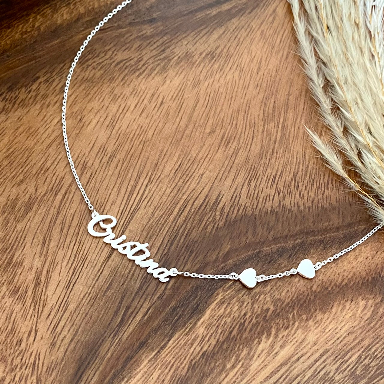 name necklace with 2 hearts