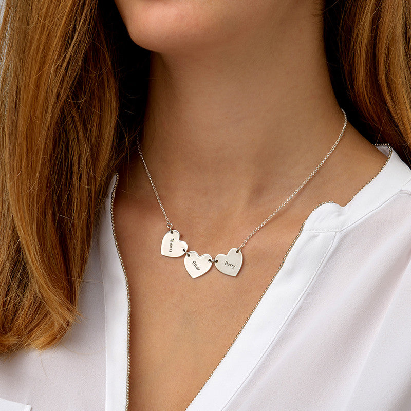 custom made silver Necklace with 3 Hearts and Name Engraving