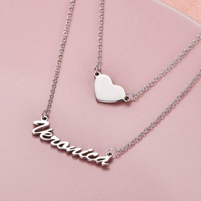 Double Layer Name Necklace with Heart