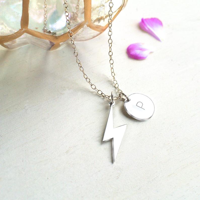 silver Round Disc initial Necklace with Charm